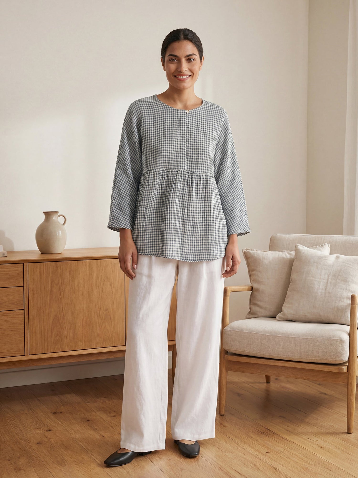 Linen Checked Long-Sleeved Top CAROLINE by LINTICO