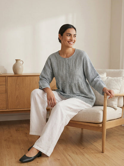 Linen Checked Long-Sleeved Top CAROLINE by LINTICO