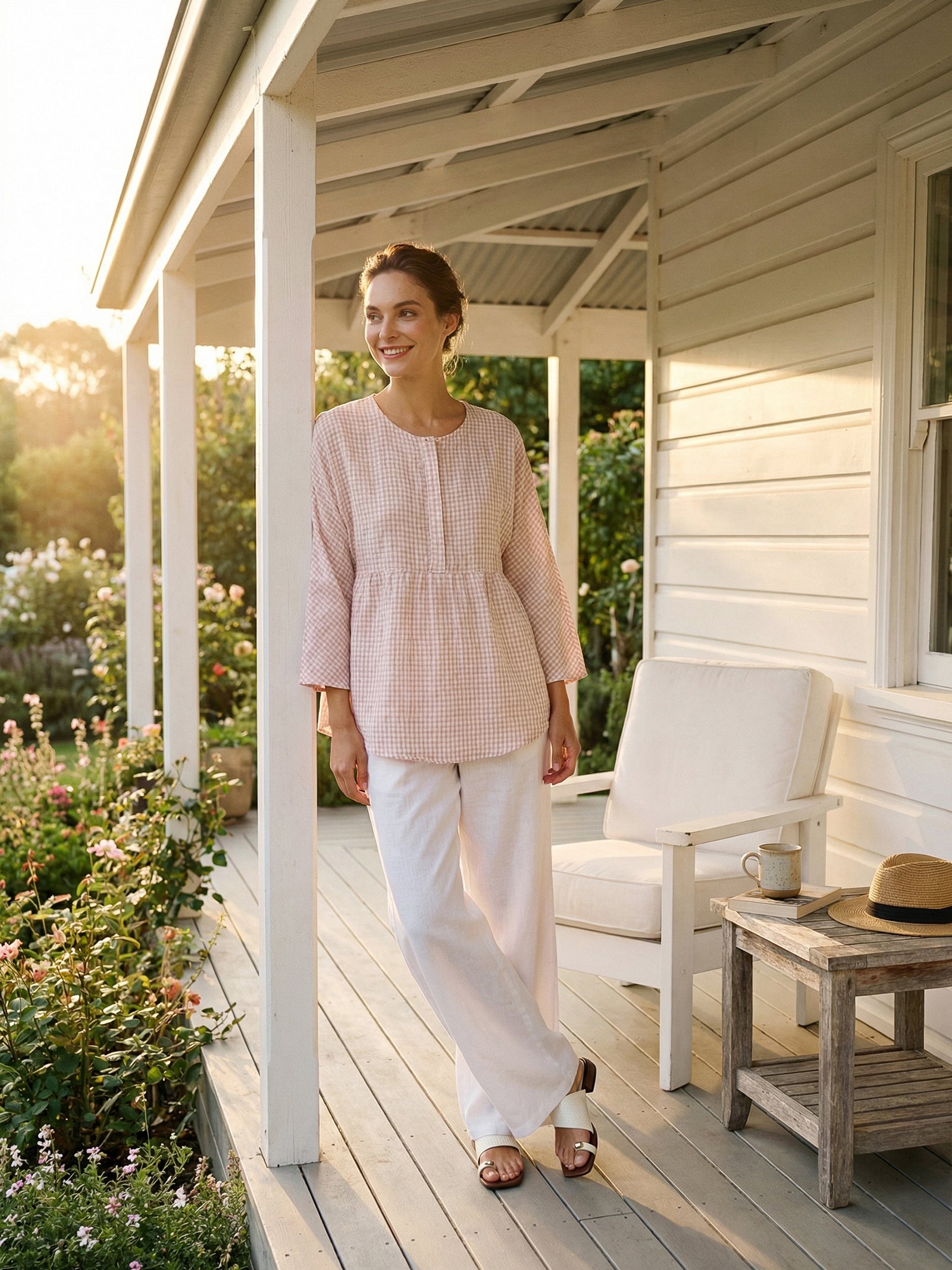 Linen Checked Long-Sleeved Top CAROLINE by LINTICO