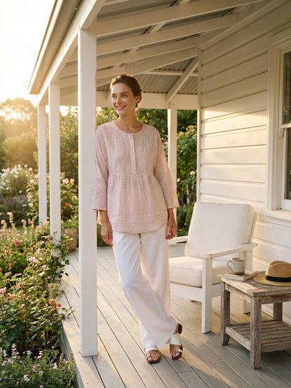 Linen Checked Long-Sleeved Top CAROLINE by LINTICO