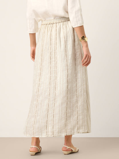 Linen Striped Contrast Trim A-Line Bohemian Skirt with Lining ISMERIE by LINTICO