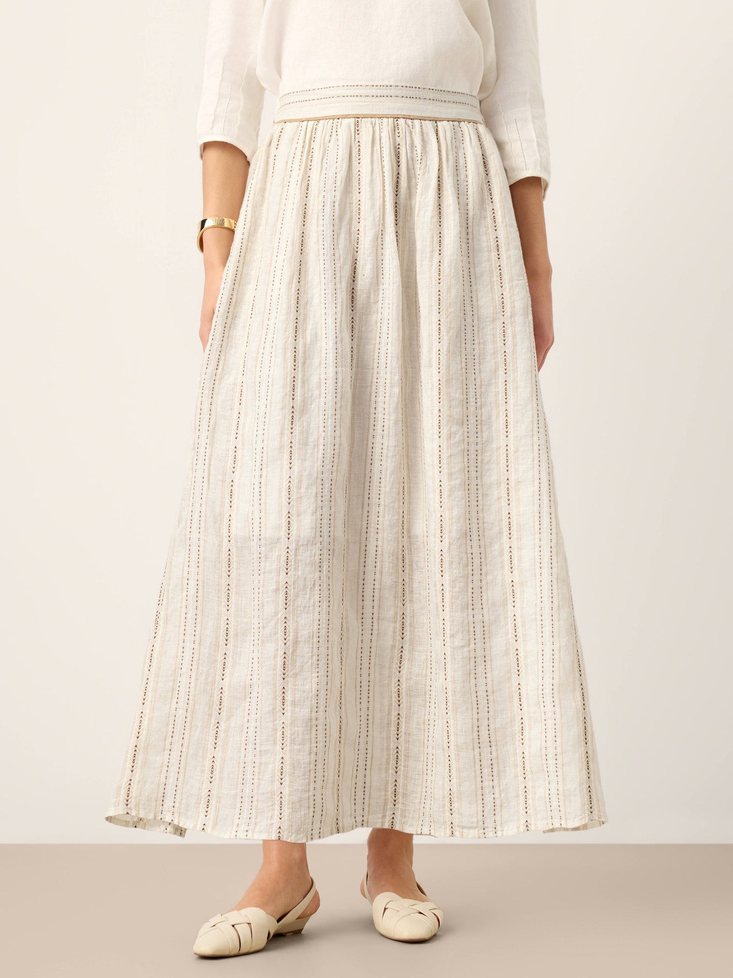 Linen Striped Contrast Trim A-Line Bohemian Skirt with Lining ISMERIE by LINTICO