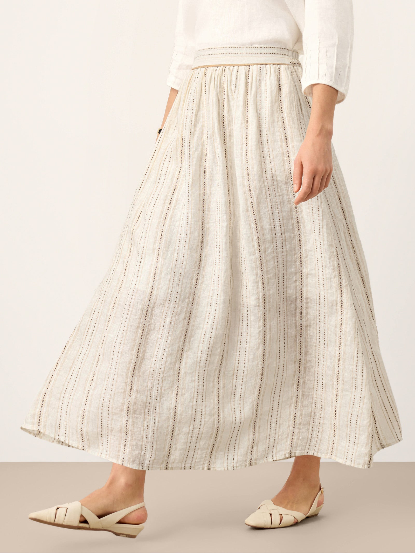 Linen Striped Contrast Trim A-Line Bohemian Skirt with Lining ISMERIE by LINTICO