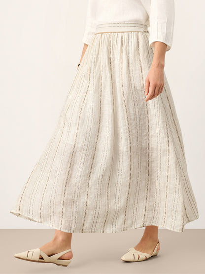 Linen Striped Contrast Trim A-Line Bohemian Skirt with Lining ISMERIE by LINTICO
