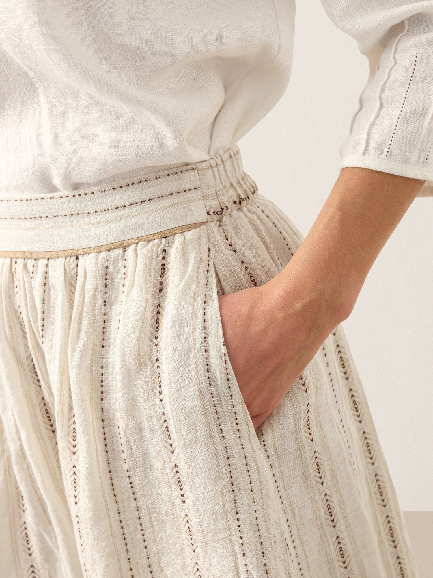 Linen Striped Contrast Trim A-Line Bohemian Skirt with Lining ISMERIE by LINTICO