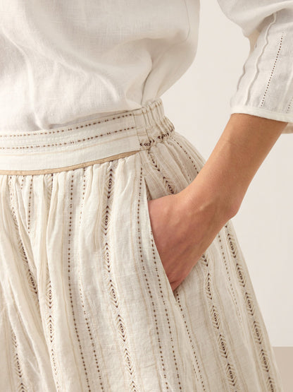 Linen Striped Contrast Trim A-Line Bohemian Skirt with Lining ISMERIE by LINTICO
