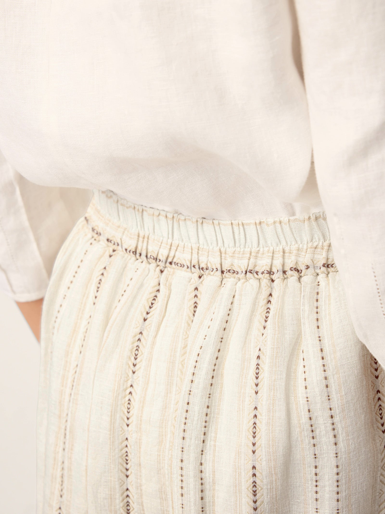 Linen Striped Contrast Trim A-Line Bohemian Skirt with Lining ISMERIE by LINTICO