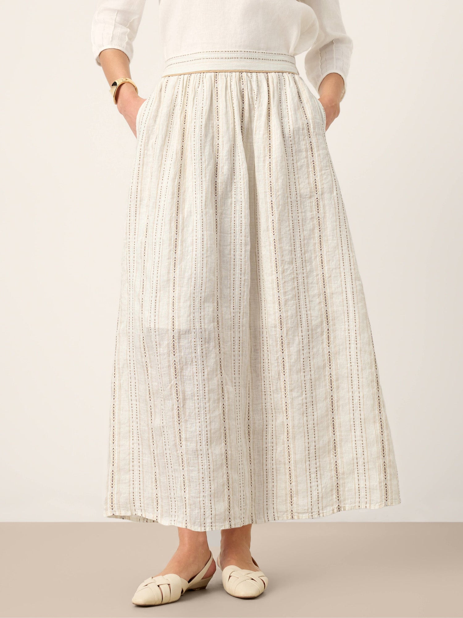 Linen Striped Contrast Trim A-Line Bohemian Skirt with Lining ISMERIE by LINTICO