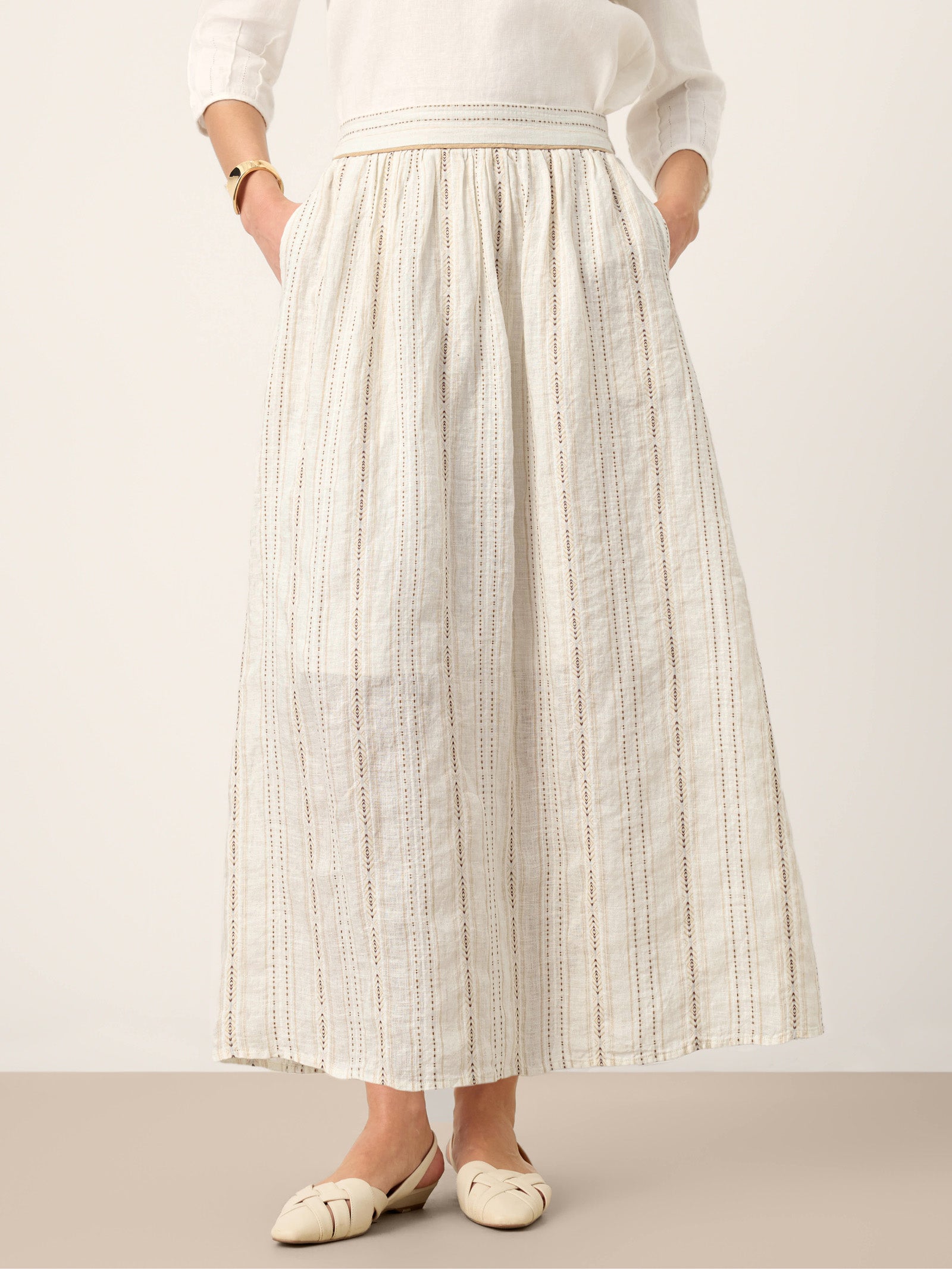 Linen Striped Contrast Trim A-Line Bohemian Skirt with Lining ISMERIE by LINTICO