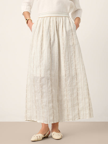 Linen Striped Contrast Trim A-Line Bohemian Skirt with Lining ISMERIE by LINTICO