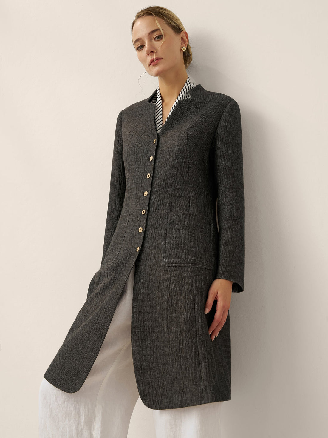 Linen Mandarin Collar Button-Up Long Shirt Jacket JORDAN by LINTICO