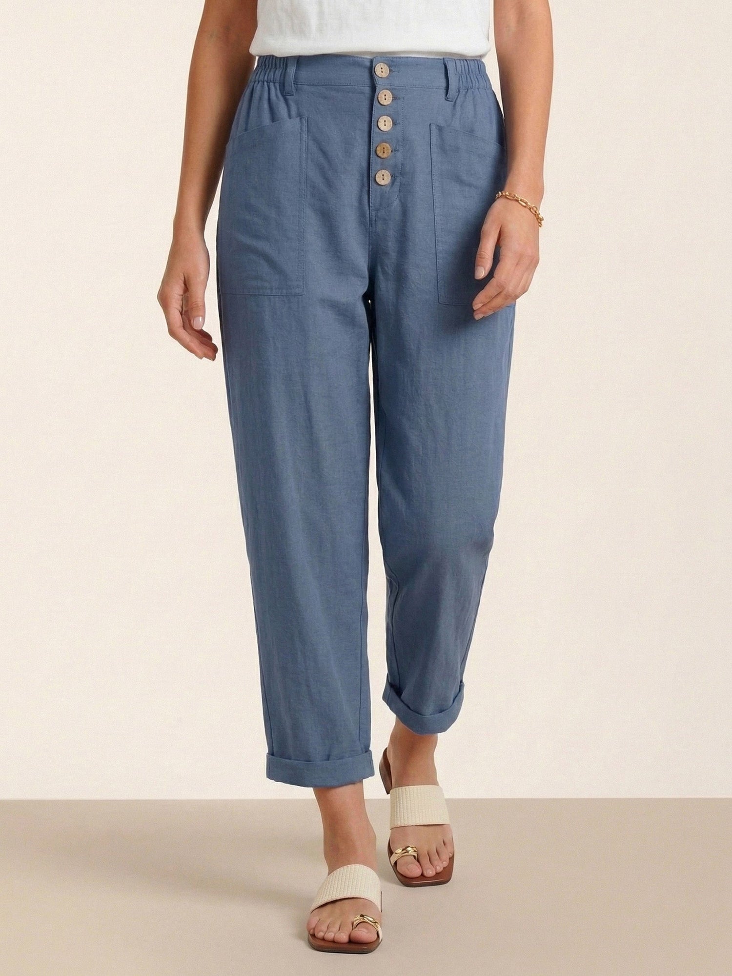 Linen Simple Button Fly Trousers HEIDI by LINTICO