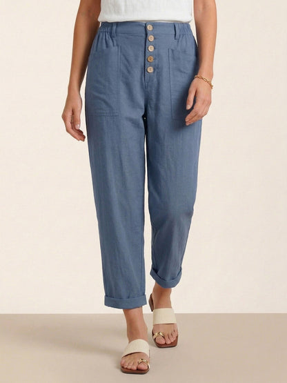 Linen Simple Button Fly Trousers HEIDI by LINTICO