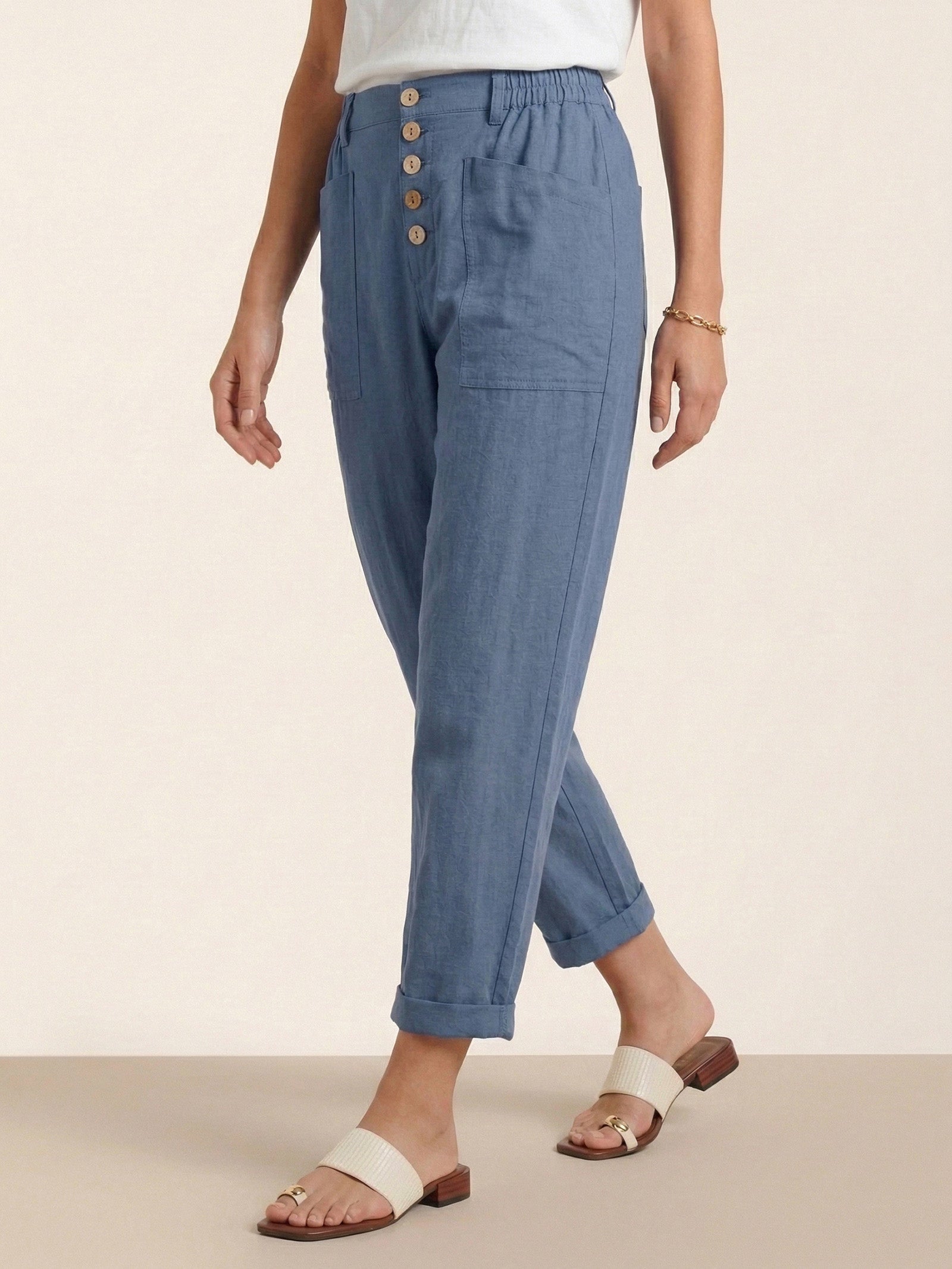 Linen Simple Button Fly Trousers HEIDI by LINTICO