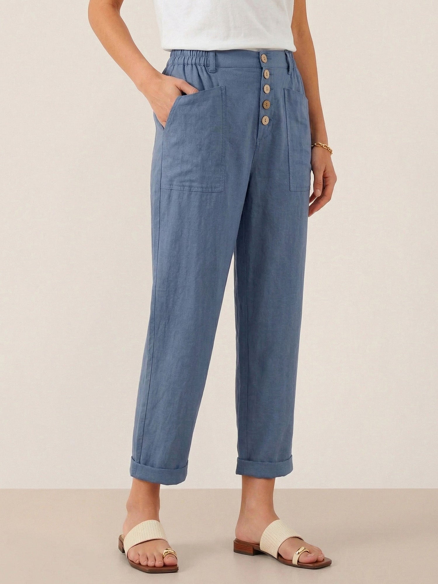 Linen Simple Button Fly Trousers HEIDI by LINTICO