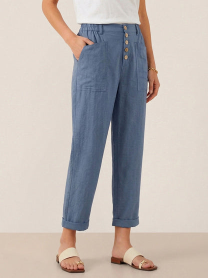 Linen Simple Button Fly Trousers HEIDI by LINTICO