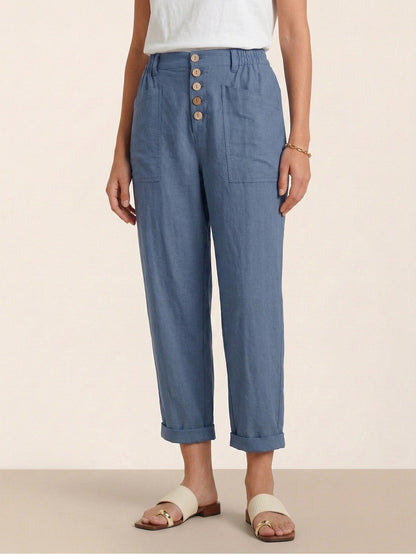Linen Simple Button Fly Trousers HEIDI by LINTICO