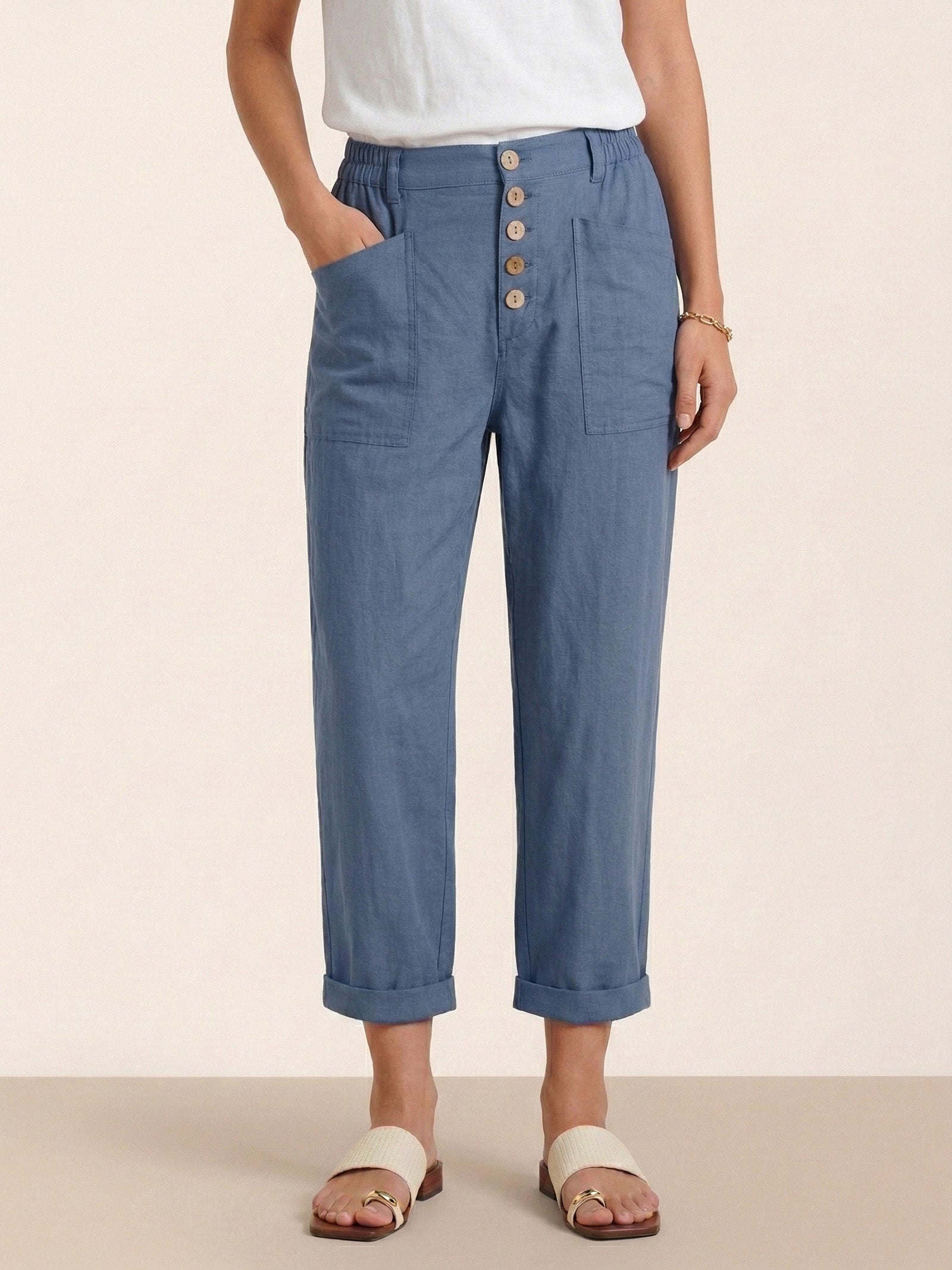 Linen Simple Button Fly Trousers HEIDI by LINTICO