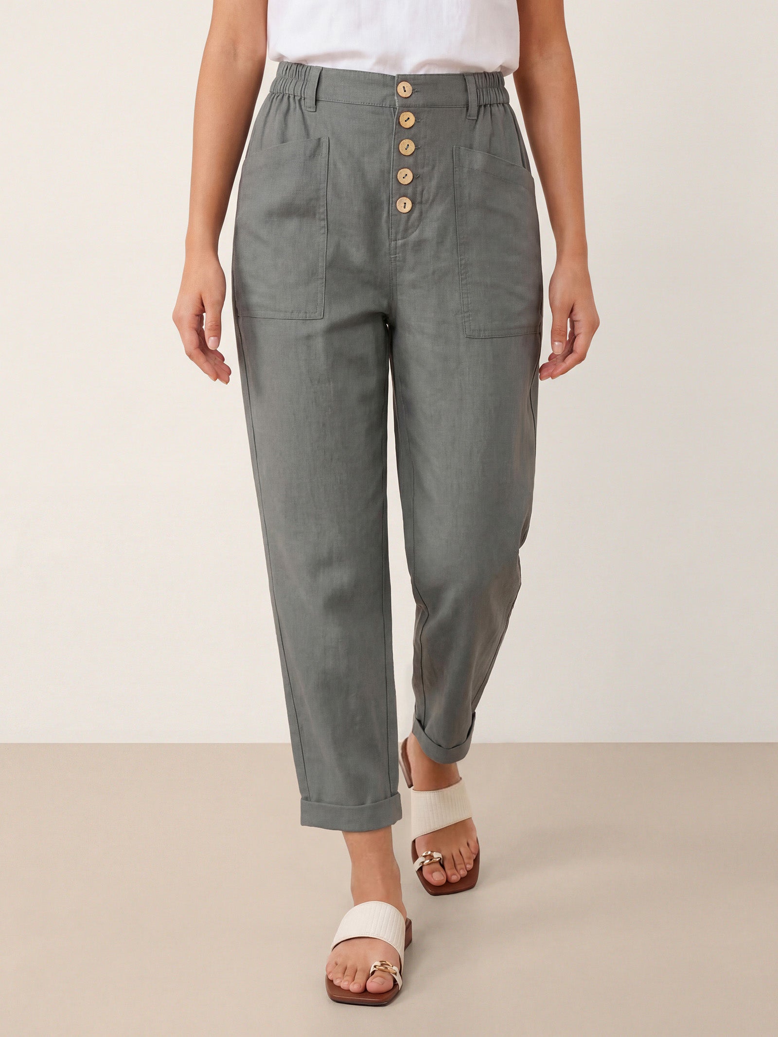 Linen Simple Button Fly Trousers HEIDI by LINTICO