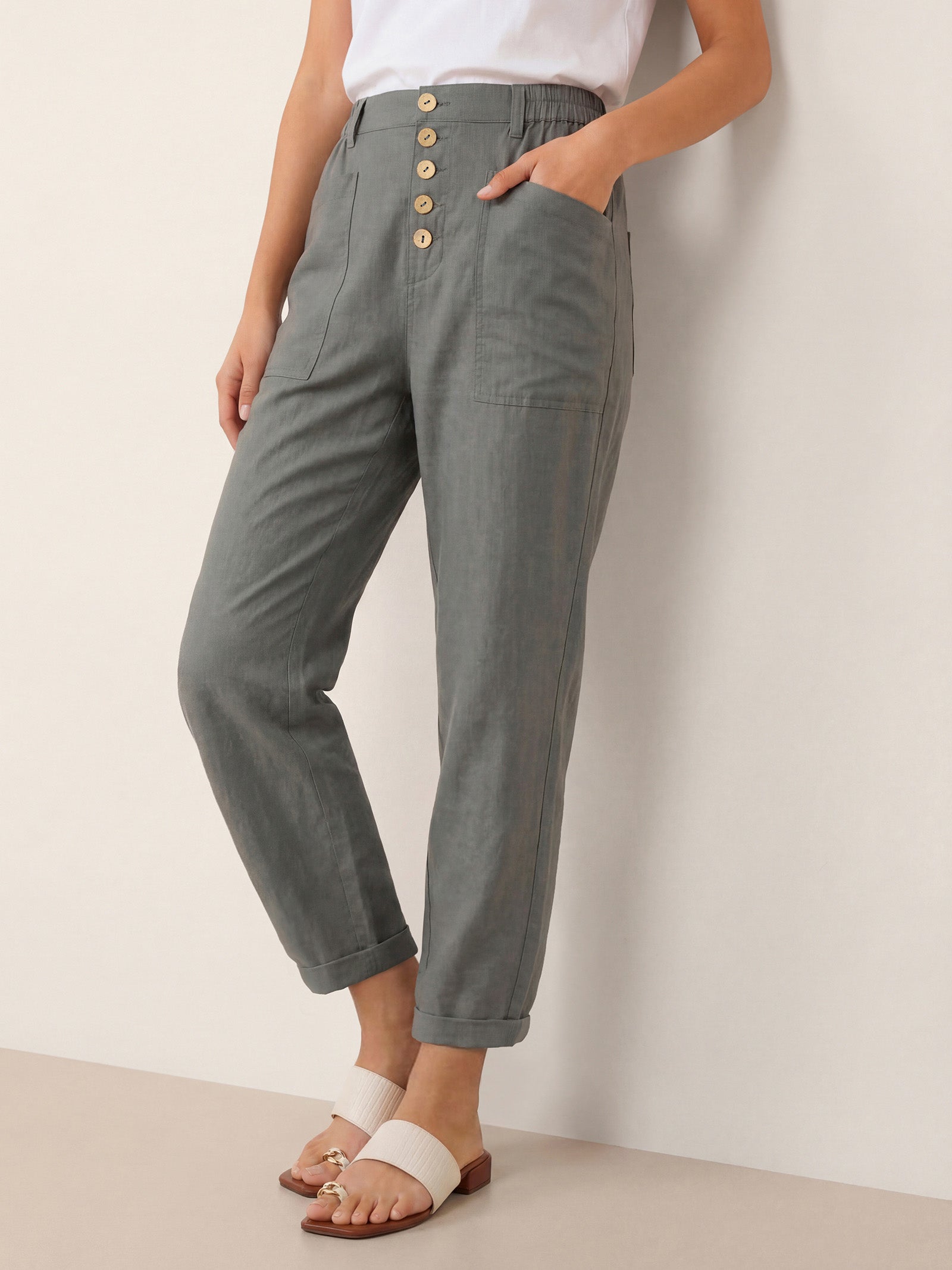 Linen Simple Button Fly Trousers HEIDI by LINTICO