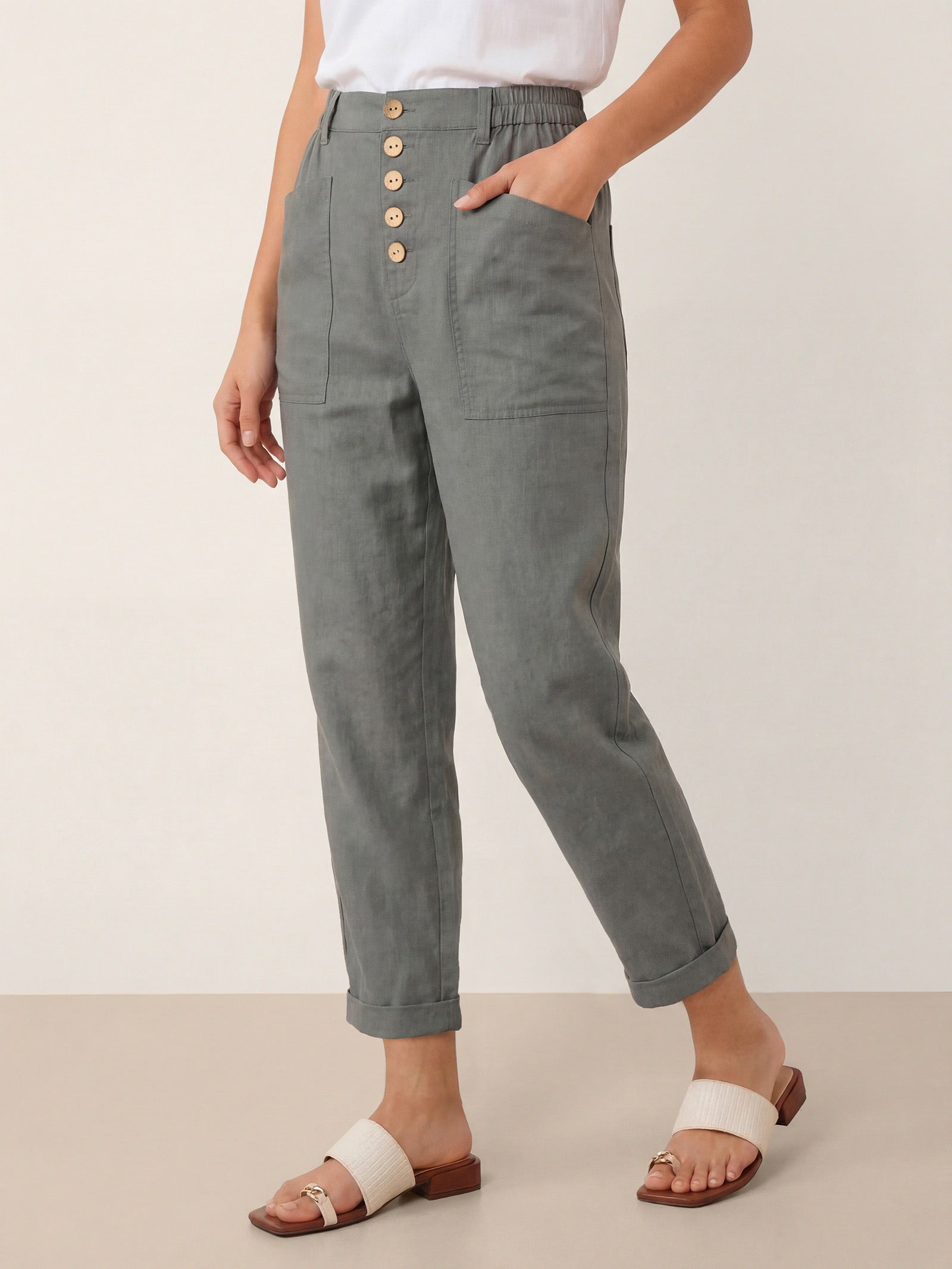 Linen Simple Button Fly Trousers HEIDI by LINTICO