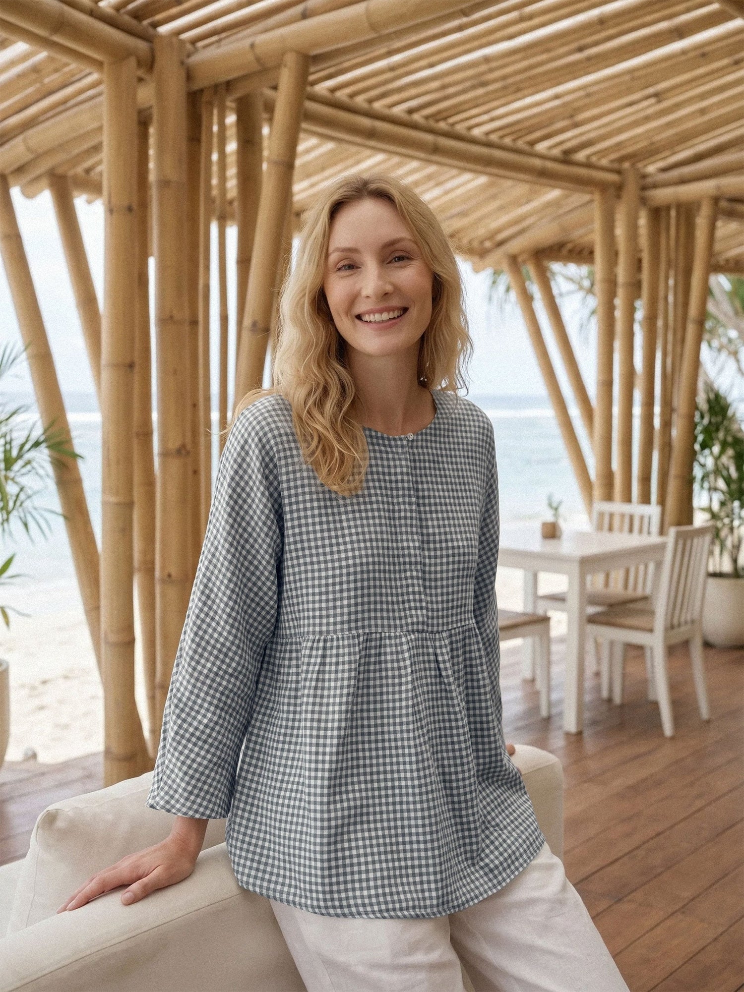 Linen Checked Long-Sleeved Top CAROLINE 