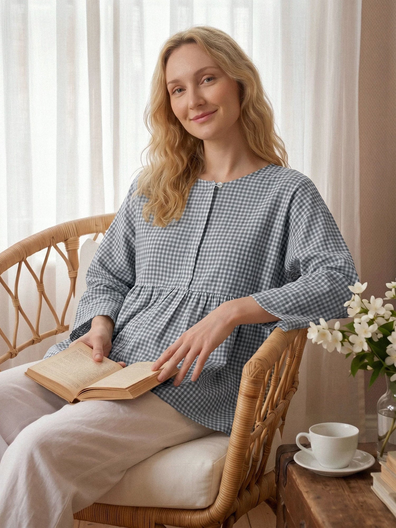 Linen Checked Long-Sleeved Top CAROLINE 