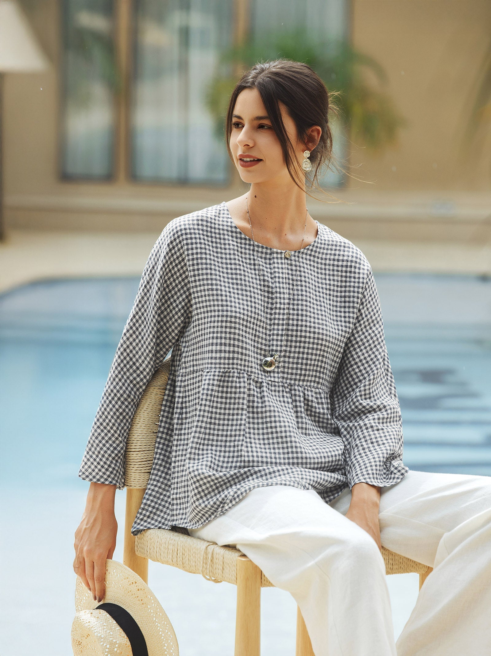 Linen Checked Long-Sleeved Top CAROLINE by LINTICO