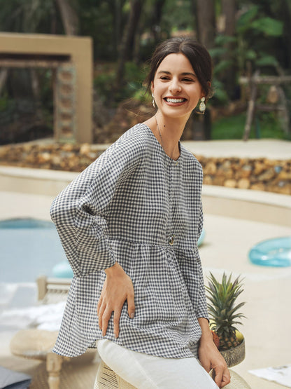 Linen Checked Long-Sleeved Top CAROLINE by LINTICO