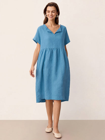 Linen Gathered-Hem Split-Neck Mini Dress SYDNEY by LINTICO