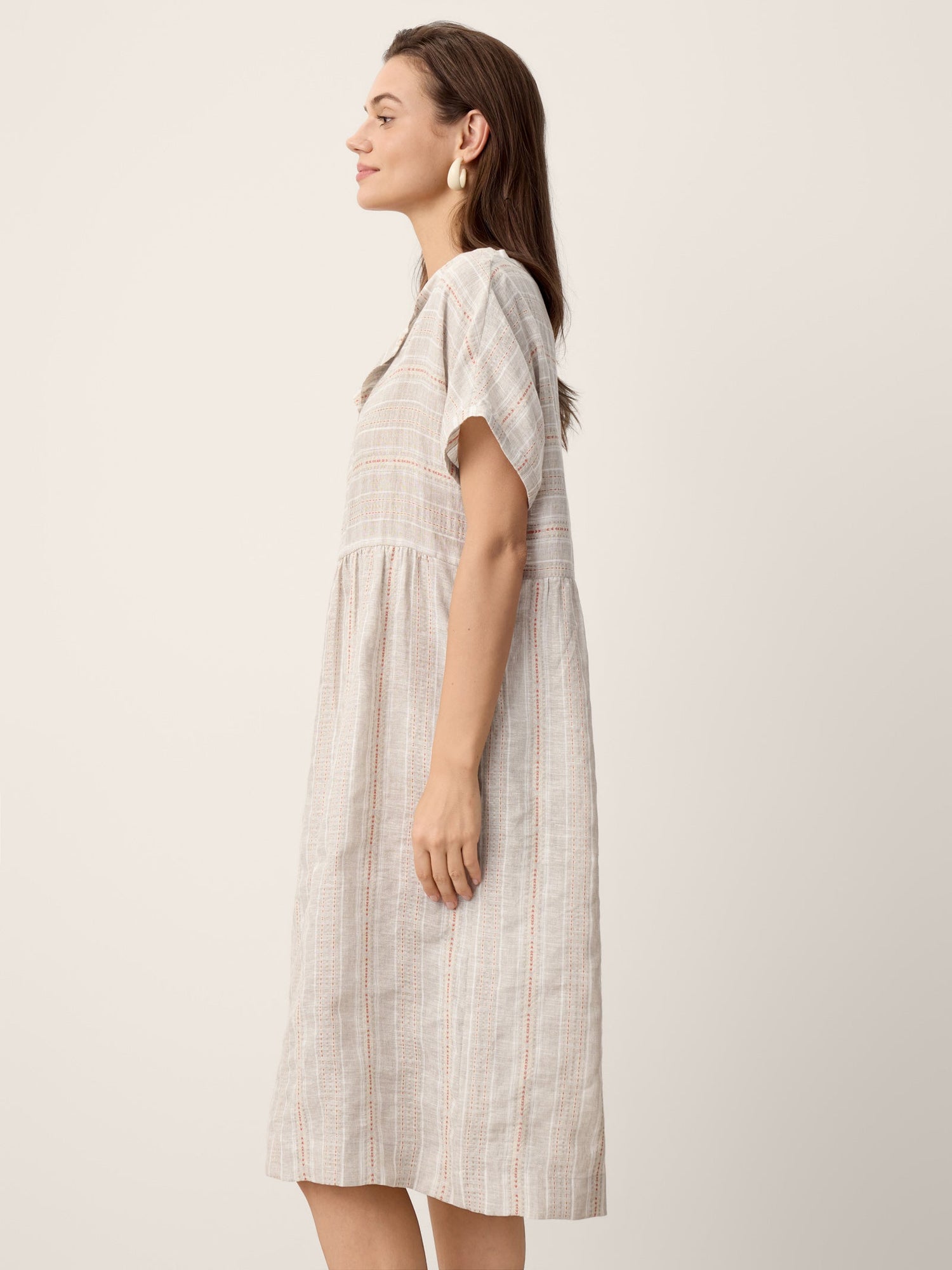 Linen Gathered-Hem Split-Neck Mini Dress SYDNEY by LINTICO