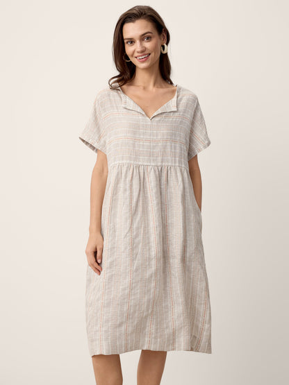 Linen Gathered-Hem Split-Neck Mini Dress SYDNEY by LINTICO