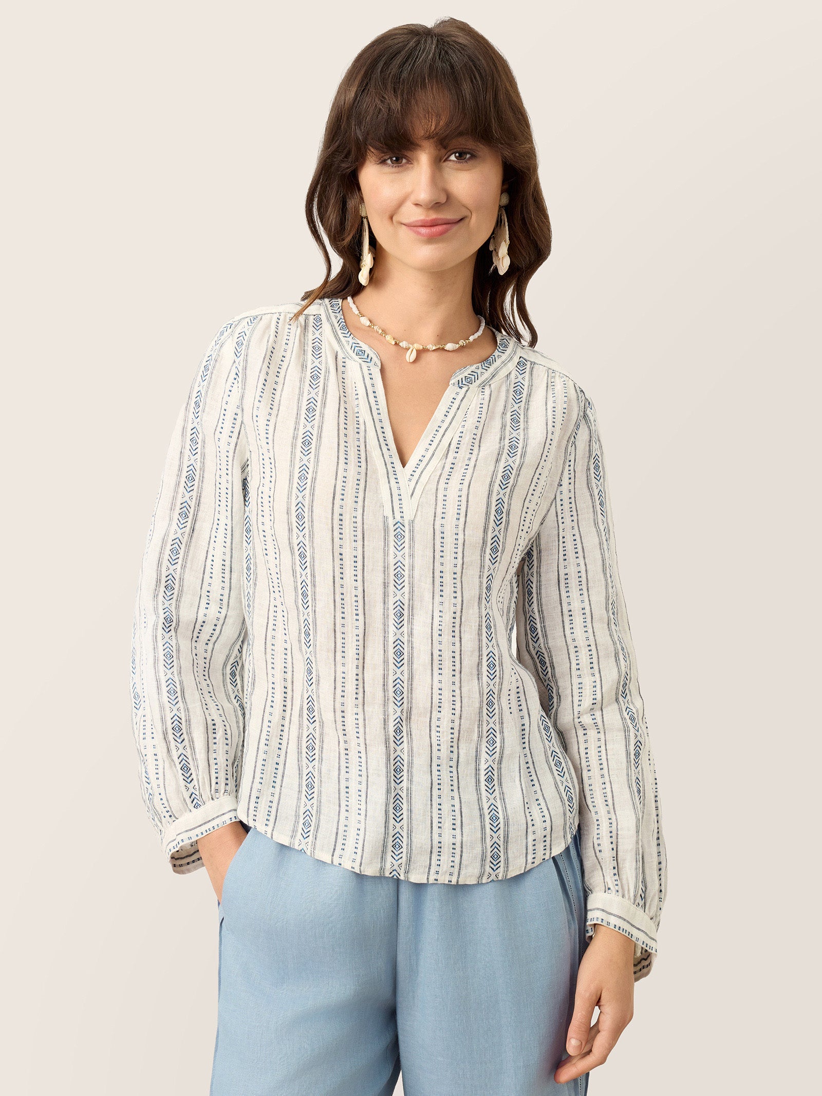 Linen Tribal Stripe Split Neck Bohemian Blouse KERENZA by LINTICO