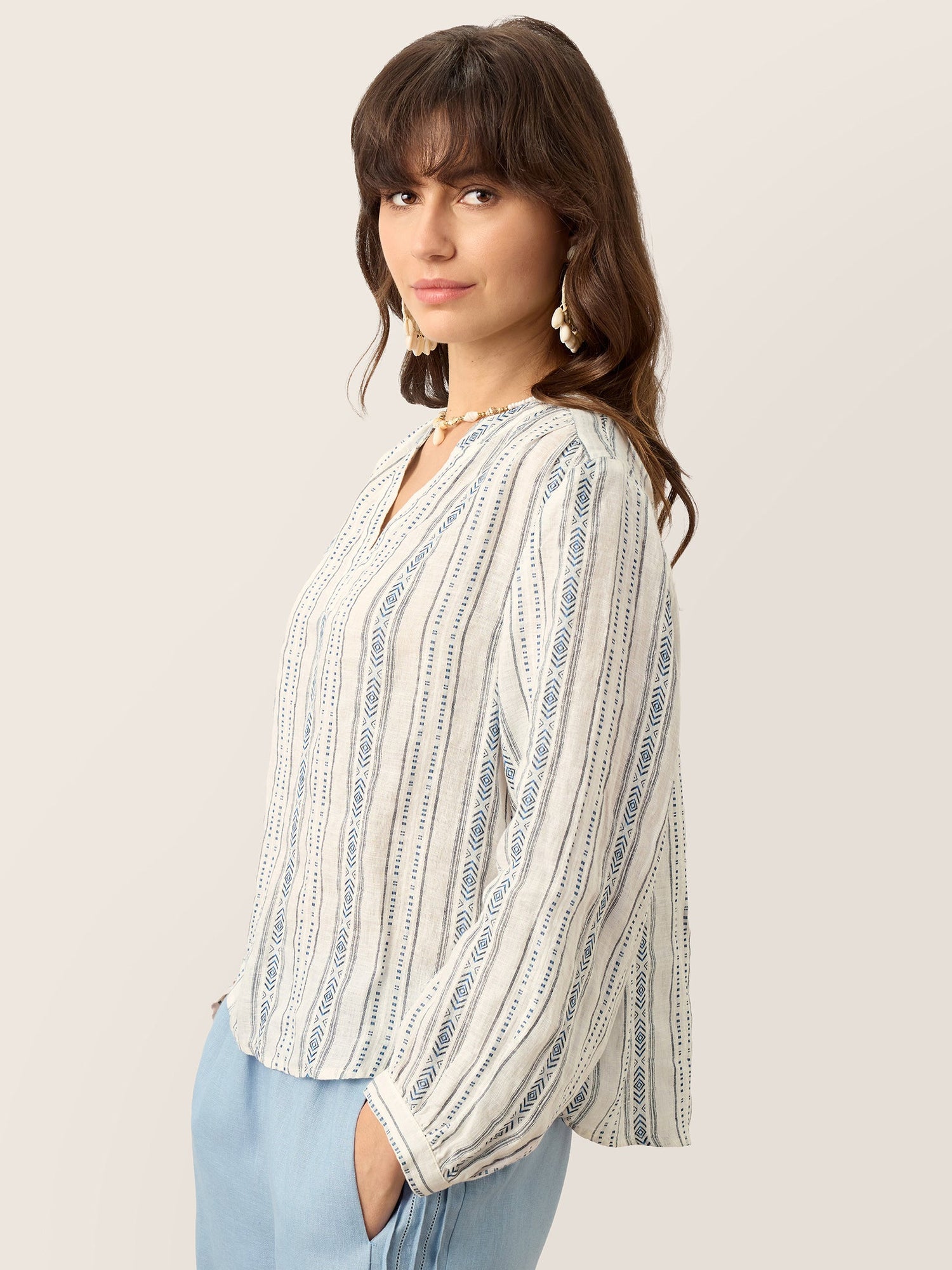 Linen Tribal Stripe Split Neck Bohemian Blouse KERENZA by LINTICO