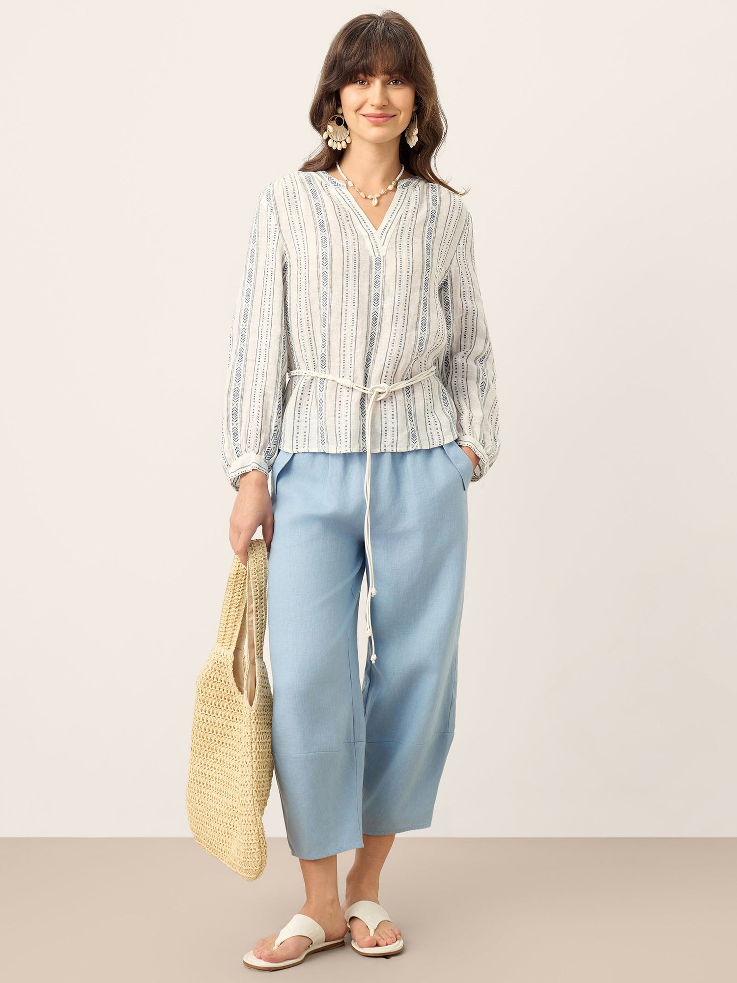 Linen Tribal Stripe Split Neck Bohemian Blouse KERENZA by LINTICO