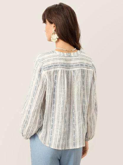 Linen Tribal Stripe Split Neck Bohemian Blouse KERENZA by LINTICO