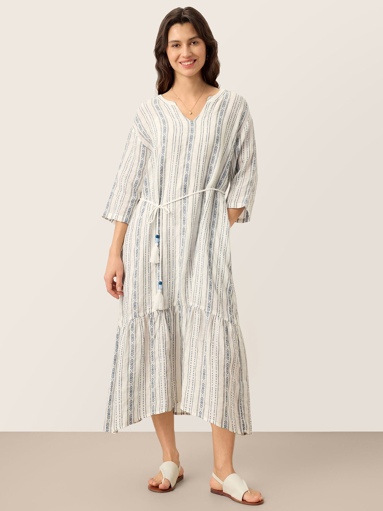 Linen Tribal Stripe Split Neck Bohemian Ruffle Midi Dress with Woven Belt and Slip MARLOWE by LINTICO
