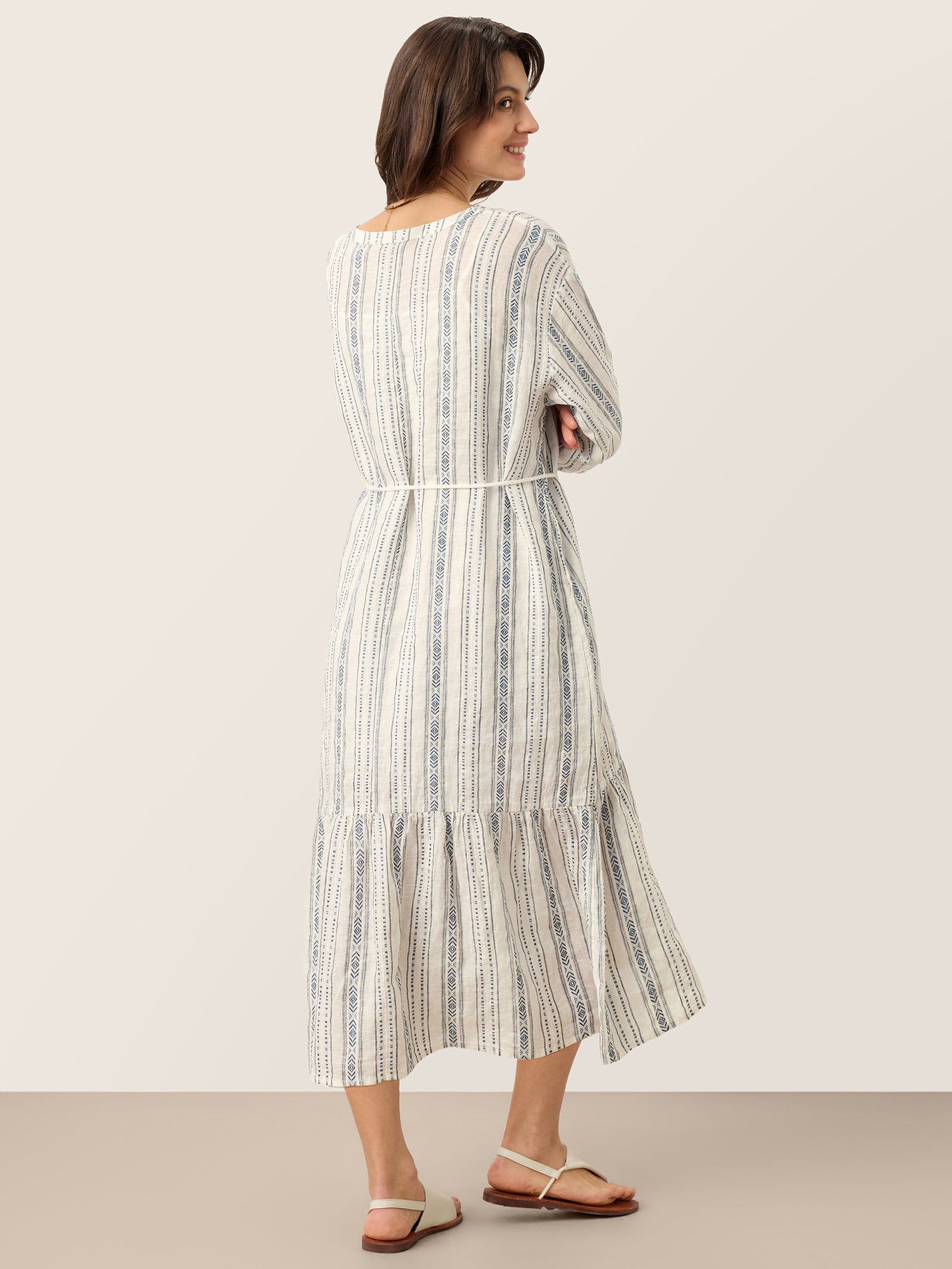 Linen Tribal Stripe Split Neck Bohemian Ruffle Midi Dress with Woven Belt and Slip MARLOWE by LINTICO