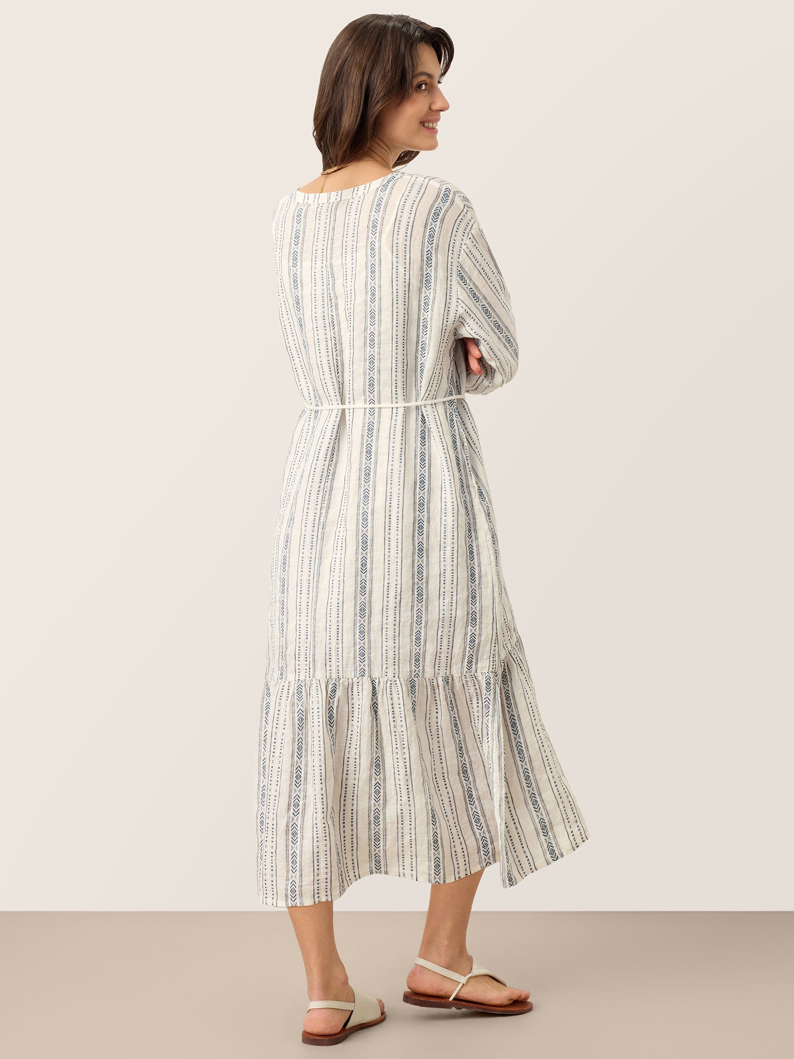 Linen Tribal Stripe Split Neck Bohemian Ruffle Midi Dress with Woven Belt and Slip MARLOWE by LINTICO