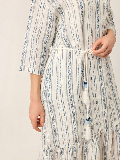 Linen Tribal Stripe Split Neck Bohemian Ruffle Midi Dress with Woven Belt and Slip MARLOWE by LINTICO