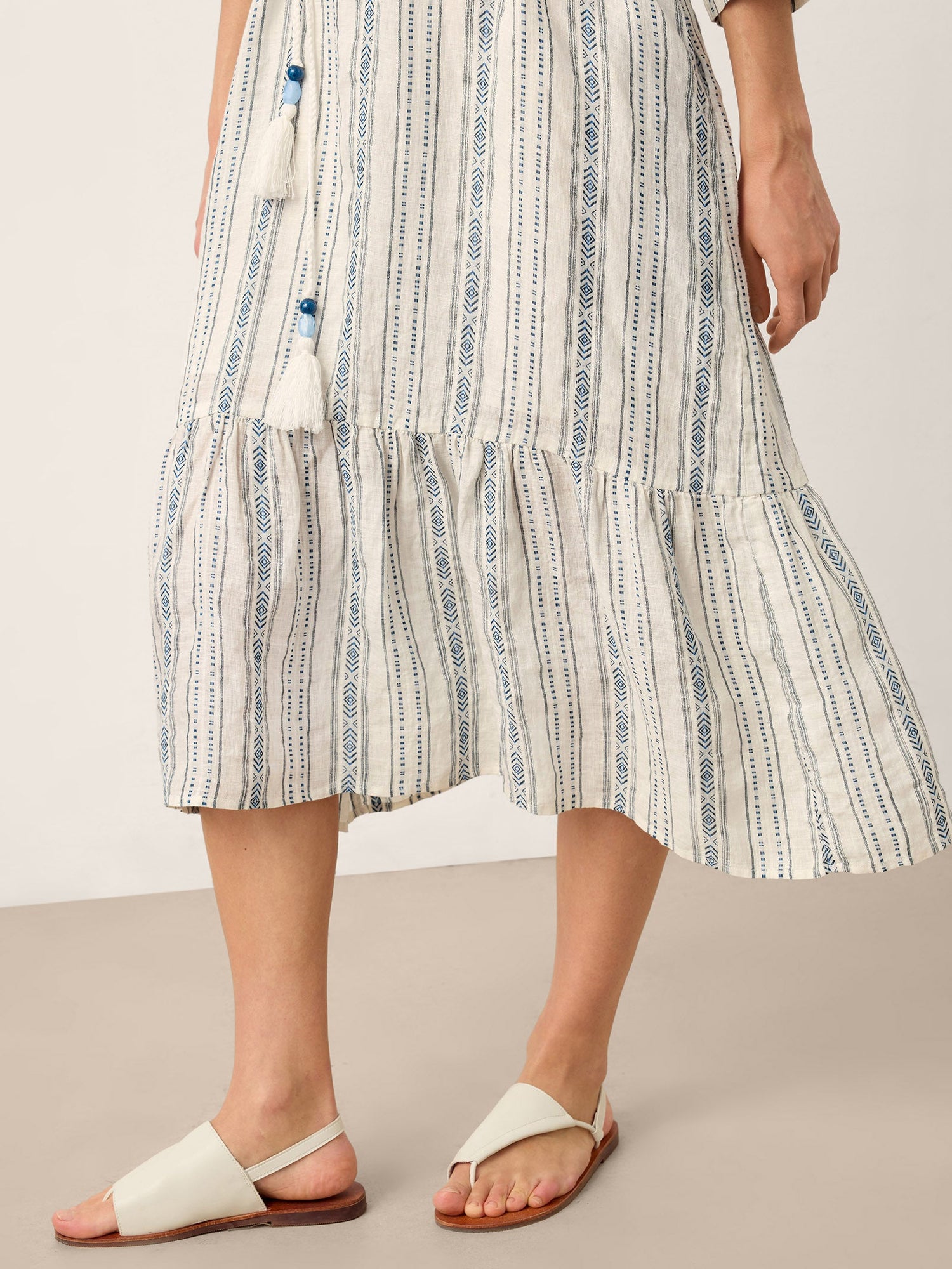 Linen Tribal Stripe Split Neck Bohemian Ruffle Midi Dress with Woven Belt and Slip MARLOWE by LINTICO