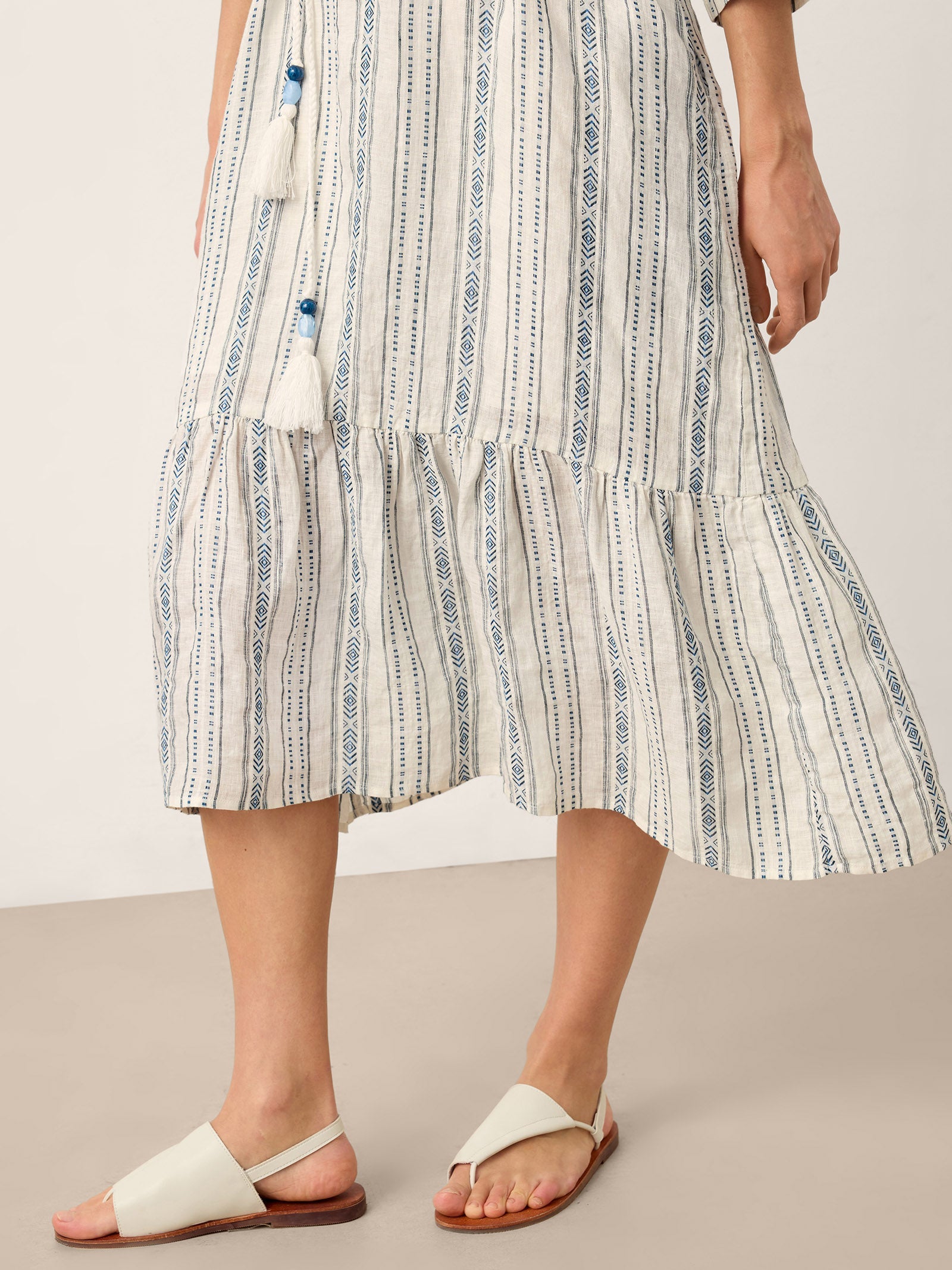 Linen Tribal Stripe Split Neck Bohemian Ruffle Midi Dress with Woven Belt and Slip MARLOWE by LINTICO