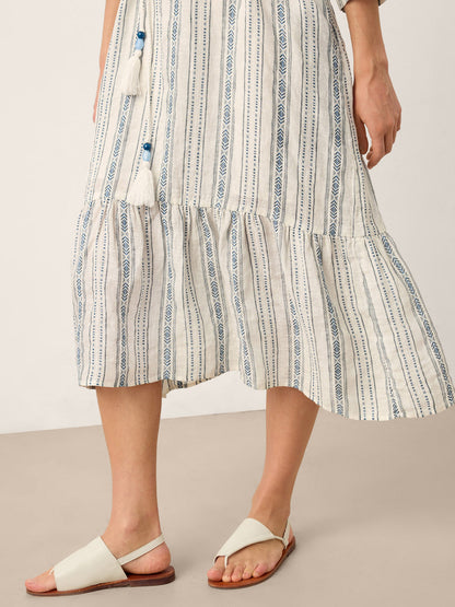 Linen Tribal Stripe Split Neck Bohemian Ruffle Midi Dress with Woven Belt and Slip MARLOWE by LINTICO