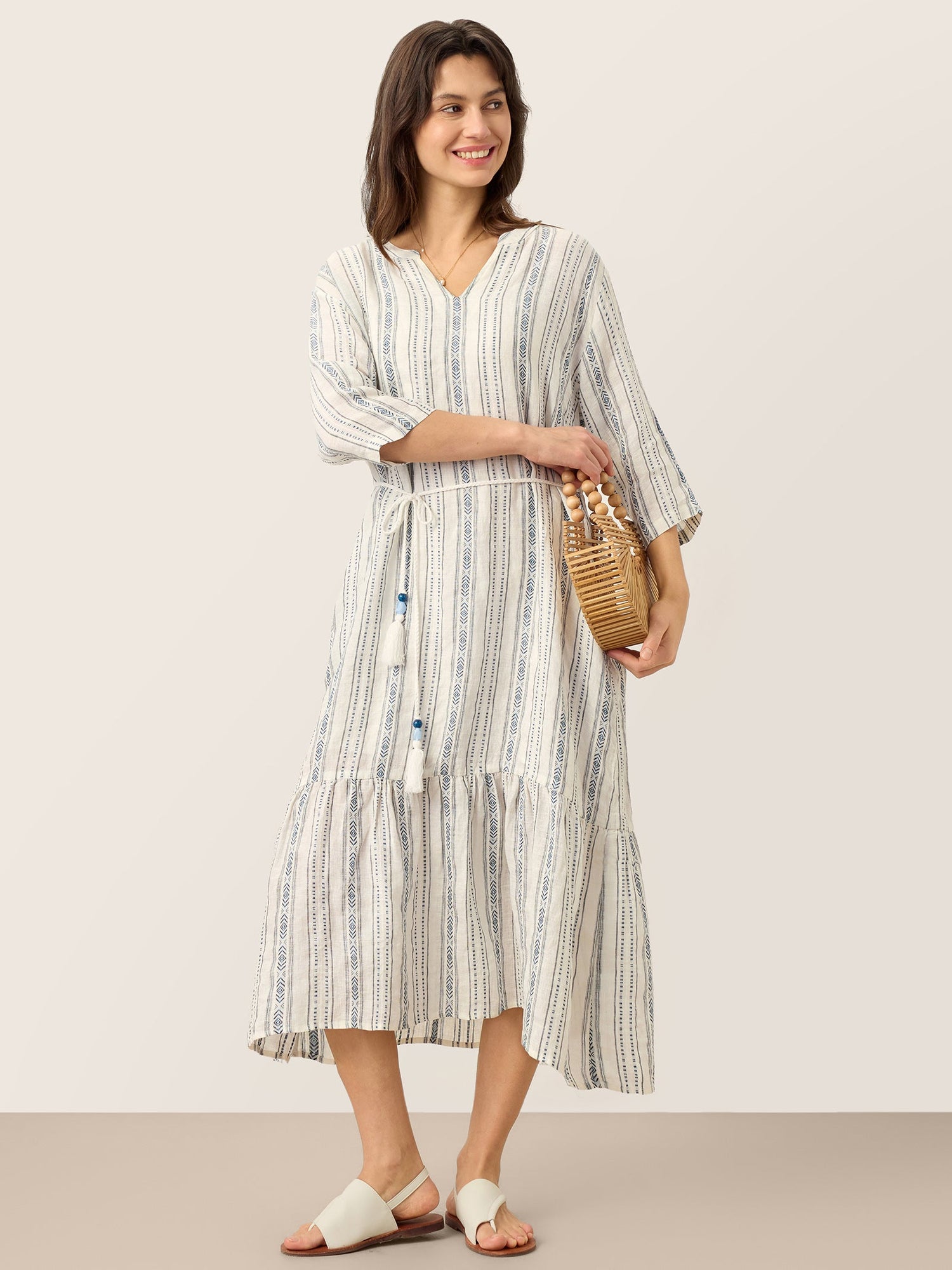 Linen Tribal Stripe Split Neck Bohemian Ruffle Midi Dress with Woven Belt and Slip MARLOWE by LINTICO