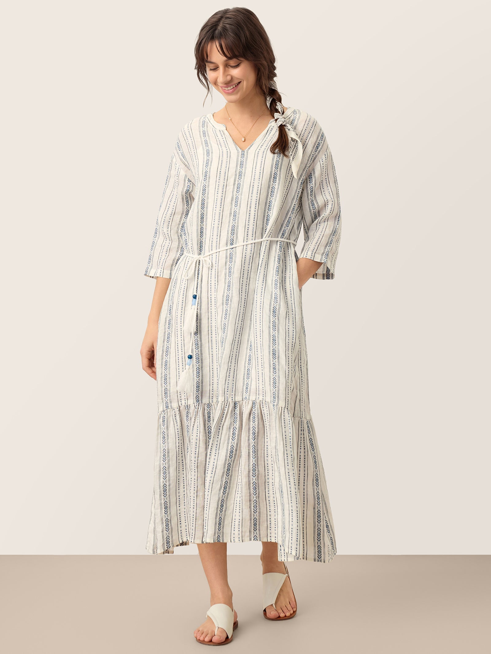 Linen Tribal Stripe Split Neck Bohemian Ruffle Midi Dress with Woven Belt and Slip MARLOWE by LINTICO