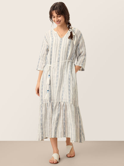 Linen Tribal Stripe Split Neck Bohemian Ruffle Midi Dress with Woven Belt and Slip MARLOWE by LINTICO