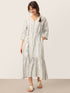 Linen Tribal Stripe Split Neck Bohemian Ruffle Midi Dress with Woven Belt and Slip MARLOWE by LINTICO
