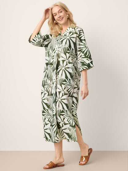 Linen Palm Print Camp Collar Relaxed Maxi Shirt Dress MINERVA by LINTICO
