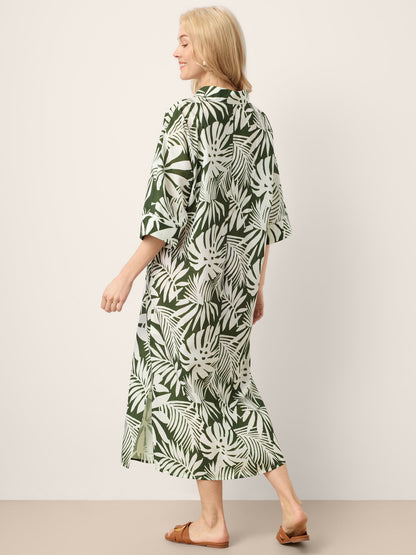 Linen Palm Print Camp Collar Relaxed Maxi Shirt Dress MINERVA by LINTICO