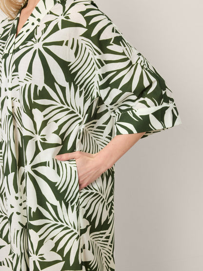 Linen Palm Print Camp Collar Relaxed Maxi Shirt Dress MINERVA by LINTICO